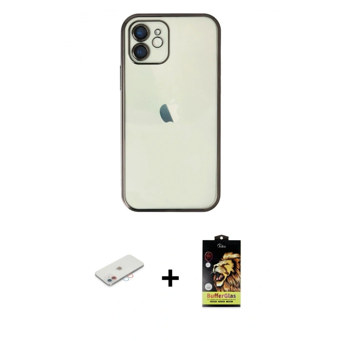 MARSİLYAN™- iPhone 11 Kılıf Vadi Minimal - Siyah Buffer Cam Ekran Koruyucu + Renkli Kamera Lens Koruma Cam - PE