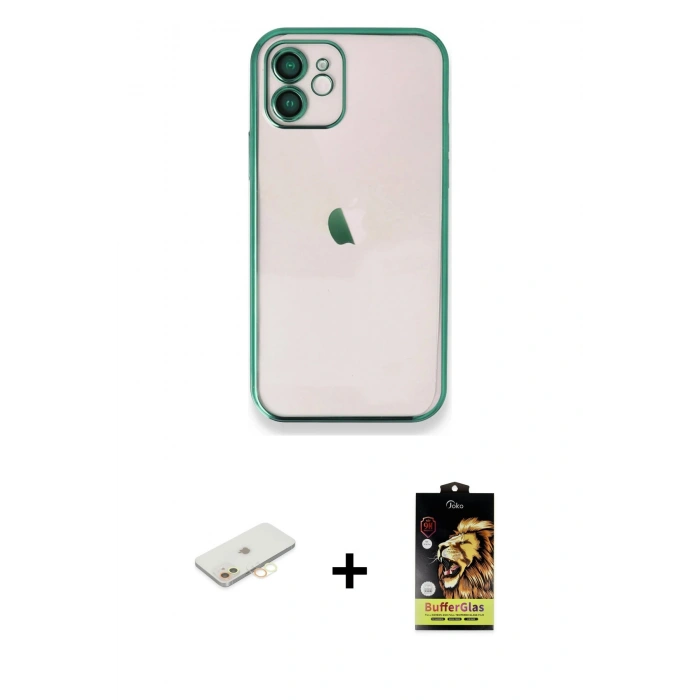 MARSİLYAN™- iPhone 11 Kılıf Vadi Minimal - Siyah Buffer Cam Ekran Koruyucu + Renkli Kamera Lens Koruma Cam - SI