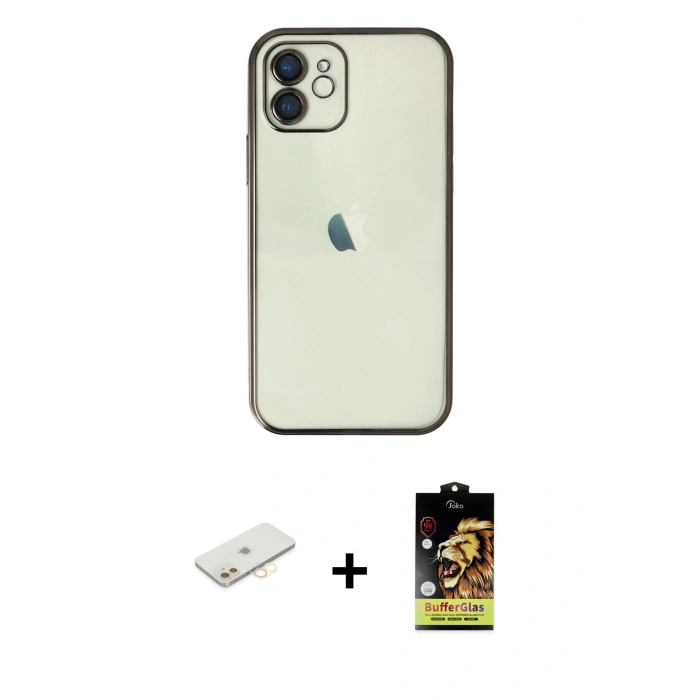 MARSİLYAN™- iPhone 11 Kılıf Vadi Minimal - Siyah Buffer Cam Ekran Koruyucu + Renkli Kamera Lens Koruma Cam - SI