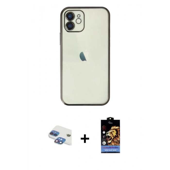 MARSİLYAN™- iPhone 11 Kılıf Vadi Minimal - Siyah Buffer Hayalet Cam Ekran Koruyucu + Pers Alüminyum Kamera Lens - GI