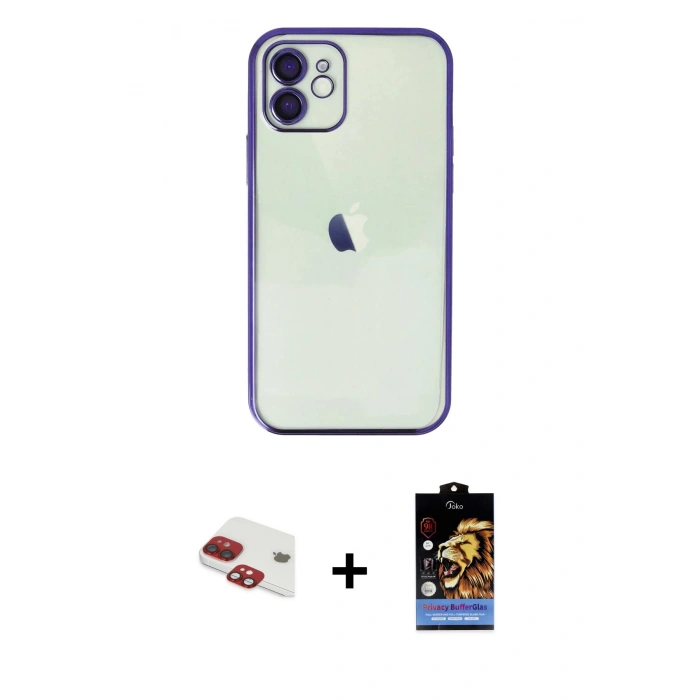 MARSİLYAN™- iPhone 11 Kılıf Vadi Minimal - Siyah Buffer Hayalet Cam Ekran Koruyucu + Kırmızı Pers Alüminyum Kamera Lens