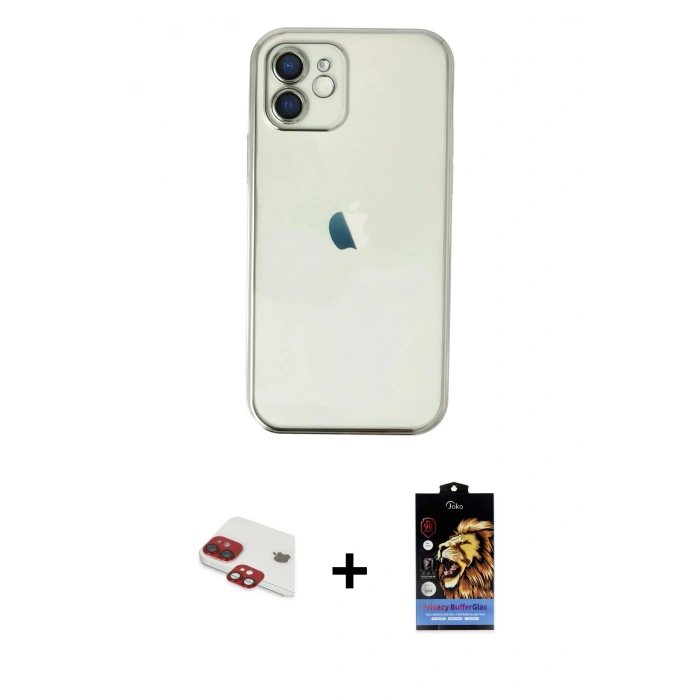 MARSİLYAN™- iPhone 11 Kılıf Vadi Minimal - Siyah Buffer Hayalet Cam Ekran Koruyucu + Kırmızı Pers Alüminyum Kamera Lens