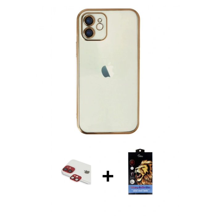 MARSİLYAN™- iPhone 11 Kılıf Vadi Minimal - Siyah Buffer Hayalet Cam Ekran Koruyucu + Kırmızı Pers Alüminyum Kamera Lens