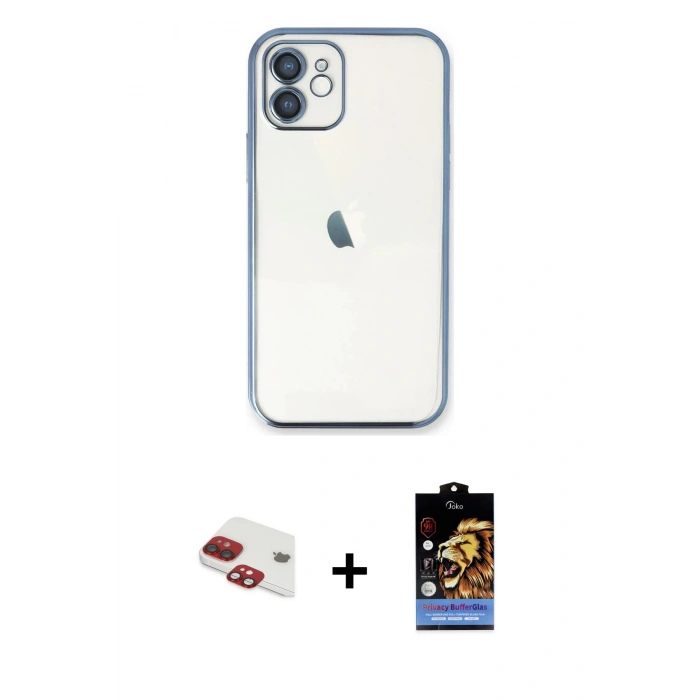 MARSİLYAN™- iPhone 11 Kılıf Vadi Minimal - Siyah Buffer Hayalet Cam Ekran Koruyucu + Kırmızı Pers Alüminyum Kamera Lens