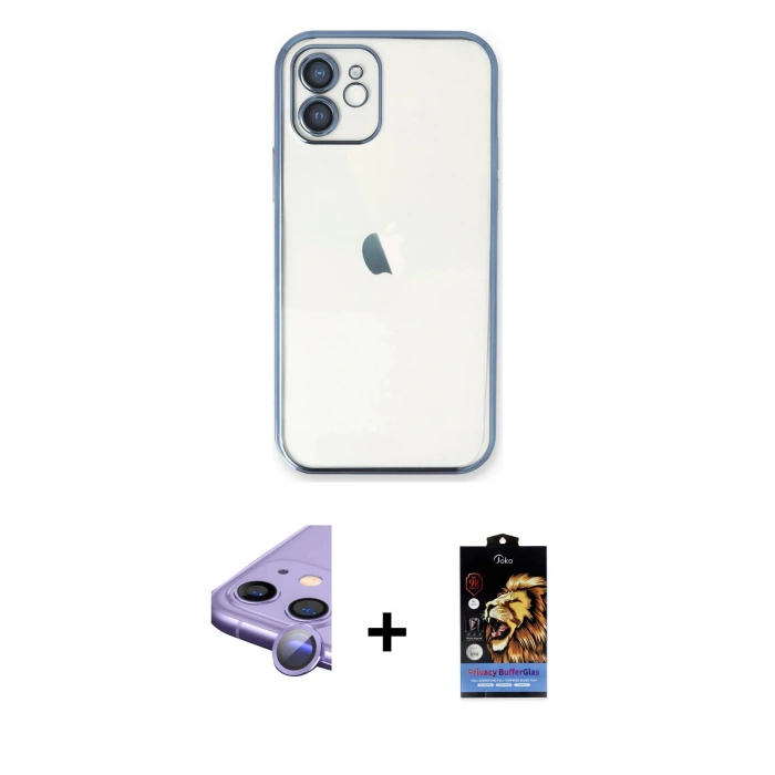 MARSİLYAN™- iPhone 11 Kılıf Vadi Minimal - Siyah Buffer Hayalet Cam Ekran Koruyucu + Raze Metal Kamera Lens - MR