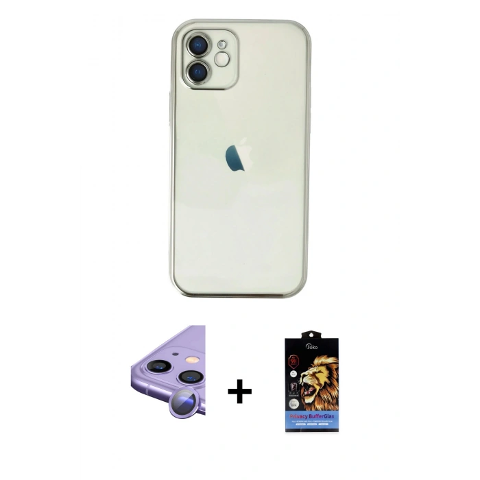 MARSİLYAN™- iPhone 11 Kılıf Vadi Minimal - Siyah Buffer Hayalet Cam Ekran Koruyucu + Raze Metal Kamera Lens - MR