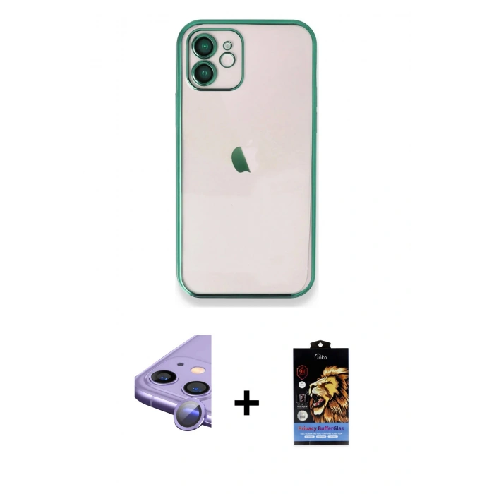 MARSİLYAN™- iPhone 11 Kılıf Vadi Minimal - Siyah Buffer Hayalet Cam Ekran Koruyucu + Raze Metal Kamera Lens - MR