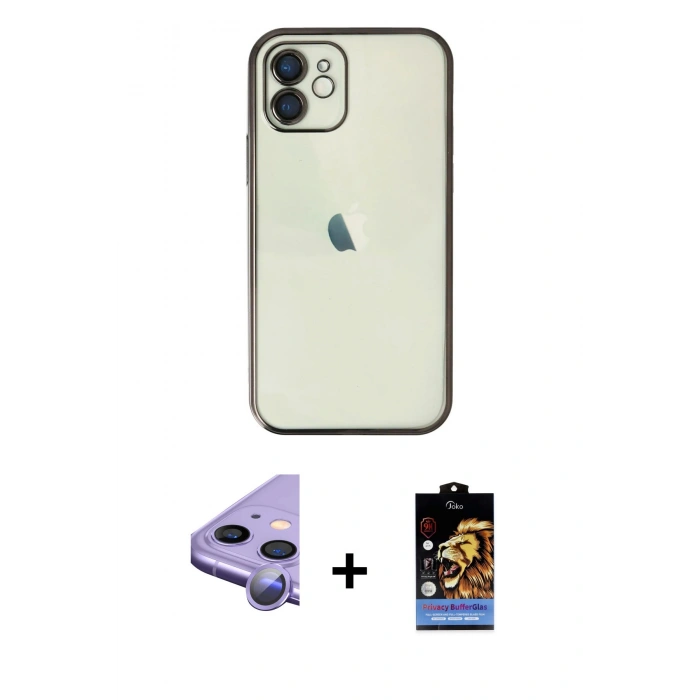MARSİLYAN™- iPhone 11 Kılıf Vadi Minimal - Siyah Buffer Hayalet Cam Ekran Koruyucu + Raze Metal Kamera Lens - MR