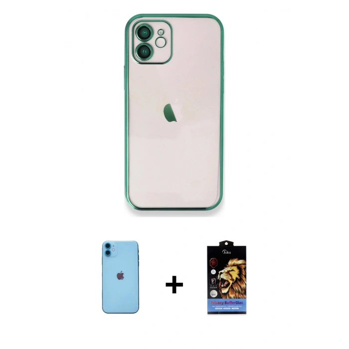 MARSİLYAN™- iPhone 11 Kılıf Vadi Minimal - Siyah Buffer Hayalet Cam Ekran Koruyucu + Neon Fosforlu Kamera Lens - MI