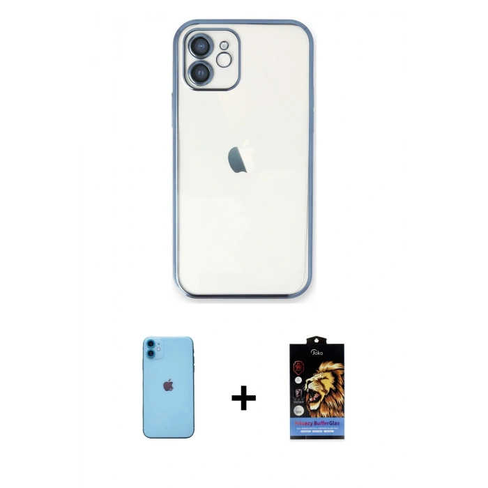 MARSİLYAN™- iPhone 11 Kılıf Vadi Minimal - Siyah Buffer Hayalet Cam Ekran Koruyucu + Neon Fosforlu Kamera Lens - MI