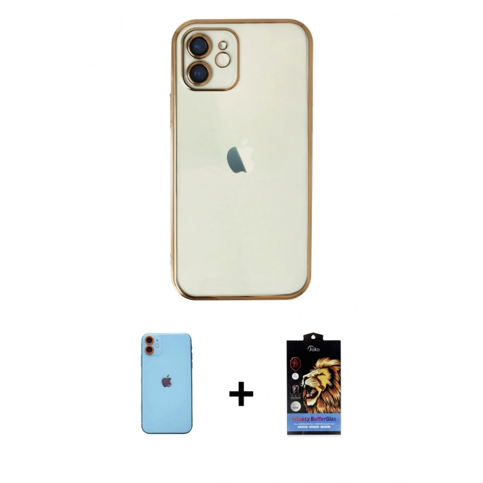 MARSİLYAN™- iPhone 11 Kılıf Vadi Minimal - Siyah Buffer Hayalet Cam Ekran Koruyucu + Neon Fosforlu Kamera Lens - TU