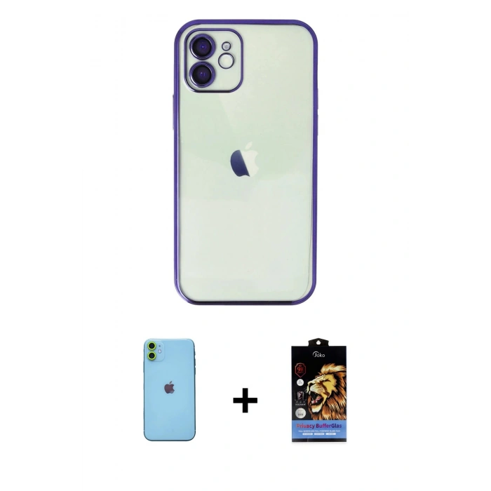 MARSİLYAN™- iPhone 11 Kılıf Vadi Minimal - Siyah Buffer Hayalet Cam Ekran Koruyucu + Neon Fosforlu Kamera Lens - YL