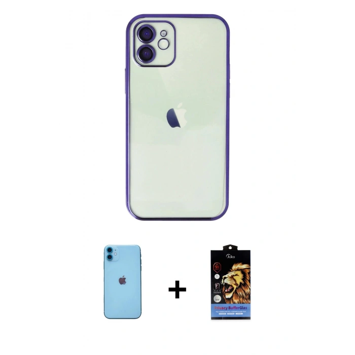 MARSİLYAN™- iPhone 11 Kılıf Vadi Minimal - Siyah Buffer Hayalet Cam Ekran Koruyucu + Neon Fosforlu Kamera Lens - MI