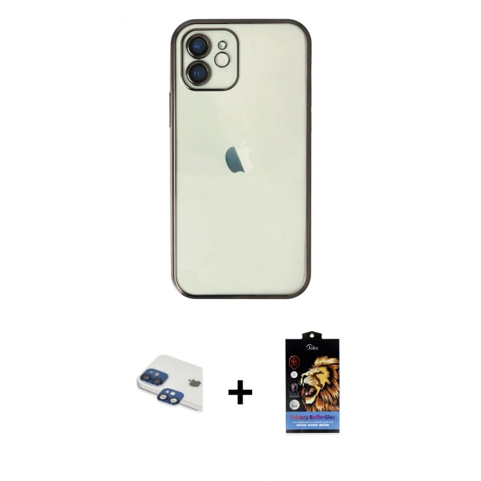 MARSİLYAN™- iPhone 11 Kılıf Vadi Minimal - Siyah Buffer Hayalet Cam Ekran Koruyucu + Pers Alüminyum Kamera Lens - LT