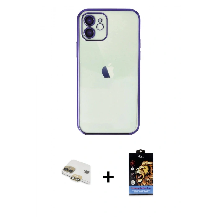 MARSİLYAN™- iPhone 11 Kılıf Vadi Minimal - Siyah Buffer Hayalet Cam Ekran Koruyucu + Pers Alüminyum Kamera Lens - GD