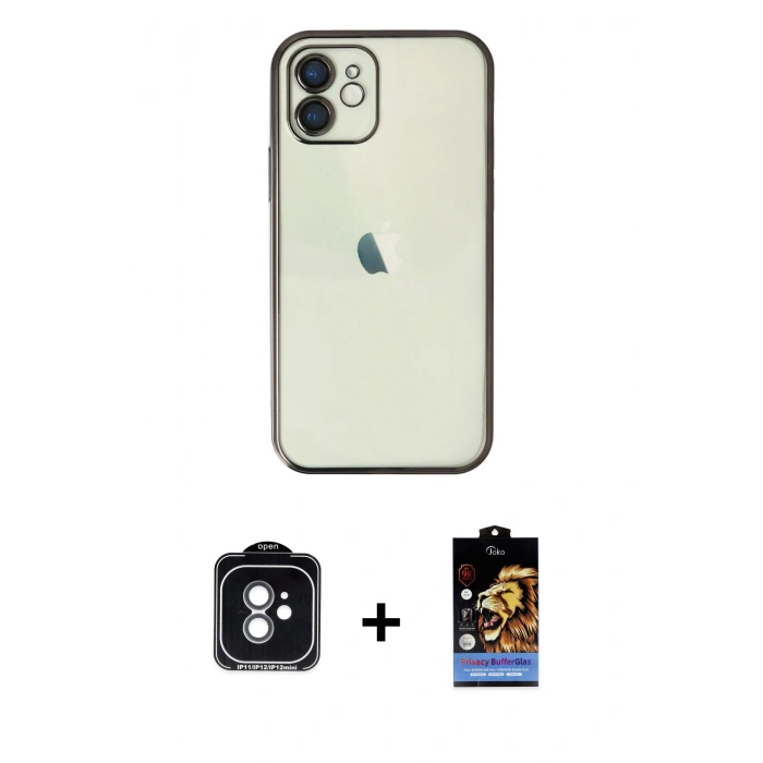 MARSİLYAN™- iPhone 11 Kılıf Vadi Minimal - Siyah Buffer Hayalet Cam Ekran Koruyucu + PVD Metal Kamera Lens - YL