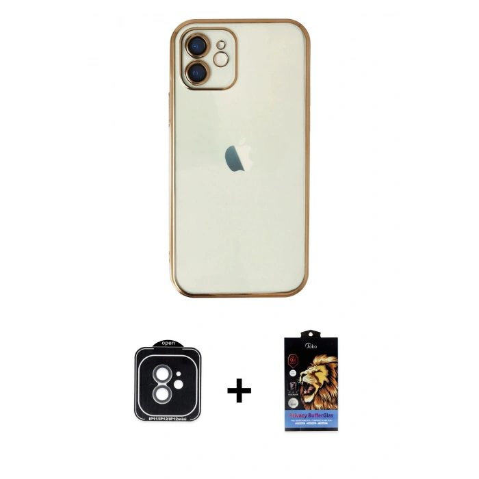 MARSİLYAN™- iPhone 11 Kılıf Vadi Minimal - Siyah Buffer Hayalet Cam Ekran Koruyucu + PVD Metal Kamera Lens - YL