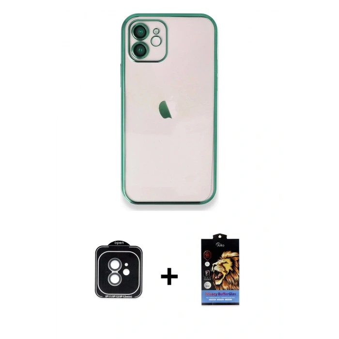 MARSİLYAN™- iPhone 11 Kılıf Vadi Minimal - Siyah Buffer Hayalet Cam Ekran Koruyucu + PVD Metal Kamera Lens - YL