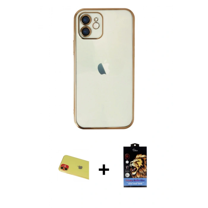 MARSİLYAN™- iPhone 11 Kılıf Vadi Minimal - Siyah Buffer Hayalet Cam Ekran Koruyucu + Rainbow Kamera Lens Koruma Cam - KI