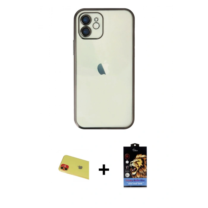 MARSİLYAN™- iPhone 11 Kılıf Vadi Minimal - Siyah Buffer Hayalet Cam Ekran Koruyucu + Rainbow Kamera Lens Koruma Cam - KI