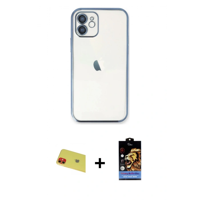 MARSİLYAN™- iPhone 11 Kılıf Vadi Minimal - Siyah Buffer Hayalet Cam Ekran Koruyucu + Rainbow Kamera Lens Koruma Cam - KI