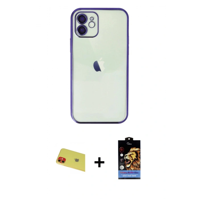 MARSİLYAN™- iPhone 11 Kılıf Vadi Minimal - Siyah Buffer Hayalet Cam Ekran Koruyucu + Rainbow Kamera Lens Koruma Cam - KI