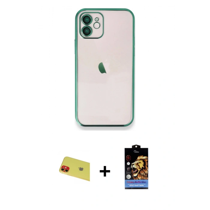 MARSİLYAN™- iPhone 11 Kılıf Vadi Minimal - Siyah Buffer Hayalet Cam Ekran Koruyucu + Rainbow Kamera Lens Koruma Cam - KI