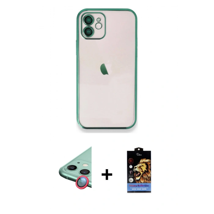 MARSİLYAN™- iPhone 11 Kılıf Vadi Minimal - Siyah Buffer Hayalet Cam Ekran Koruyucu + Raze Metal Kamera Lens - KI