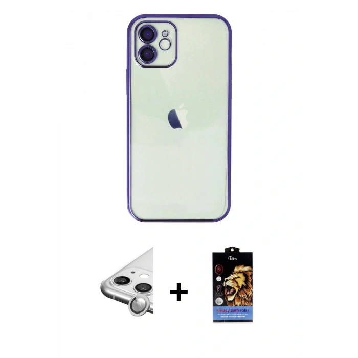 MARSİLYAN™- iPhone 11 Kılıf Vadi Minimal - Siyah Buffer Hayalet Cam Ekran Koruyucu + Raze Metal Kamera Lens - GS