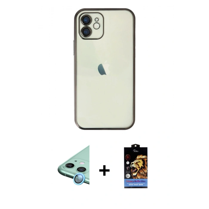 MARSİLYAN™- iPhone 11 Kılıf Vadi Minimal - Siyah Buffer Hayalet Cam Ekran Koruyucu + Raze Metal Kamera Lens - MI