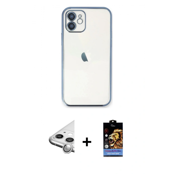 MARSİLYAN™- iPhone 11 Kılıf Vadi Minimal - Siyah Buffer Hayalet Cam Ekran Koruyucu + Raze Metal Kamera Lens - GS