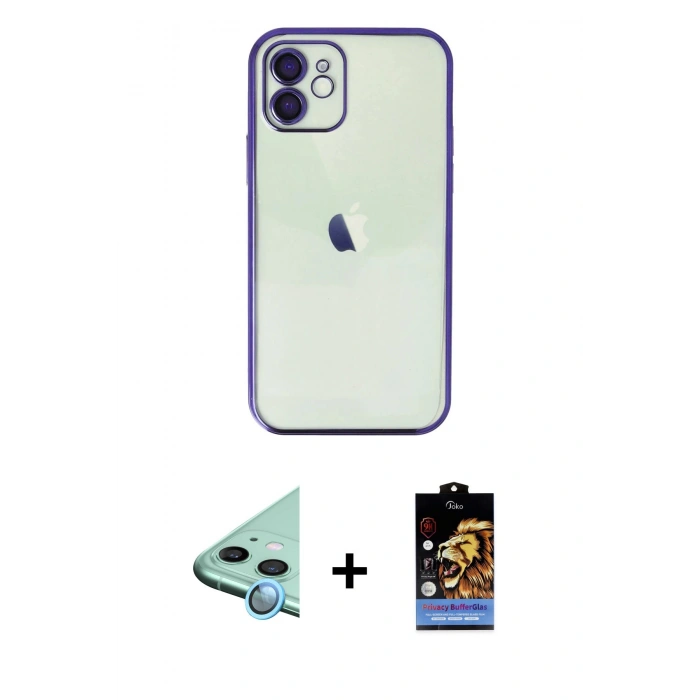 MARSİLYAN™- iPhone 11 Kılıf Vadi Minimal - Siyah Buffer Hayalet Cam Ekran Koruyucu + Raze Metal Kamera Lens - MI