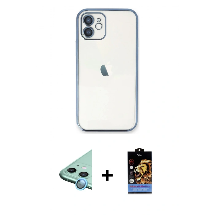 MARSİLYAN™- iPhone 11 Kılıf Vadi Minimal - Siyah Buffer Hayalet Cam Ekran Koruyucu + Raze Metal Kamera Lens - MI