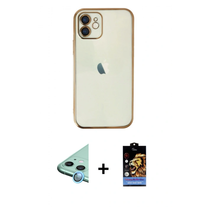 MARSİLYAN™- iPhone 11 Kılıf Vadi Minimal - Siyah Buffer Hayalet Cam Ekran Koruyucu + Raze Metal Kamera Lens - MI
