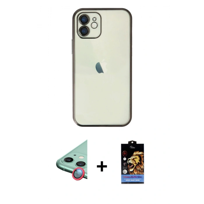 MARSİLYAN™- iPhone 11 Kılıf Vadi Minimal - Siyah Buffer Hayalet Cam Ekran Koruyucu + Raze Metal Kamera Lens - KI