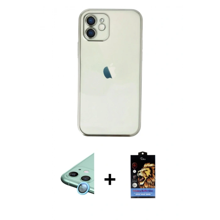 MARSİLYAN™- iPhone 11 Kılıf Vadi Minimal - Siyah Buffer Hayalet Cam Ekran Koruyucu + Raze Metal Kamera Lens - MI
