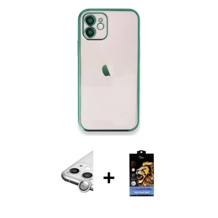 MARSİLYAN™- iPhone 11 Kılıf Vadi Minimal - Siyah Buffer Hayalet Cam Ekran Koruyucu + Raze Metal Kamera Lens - GS