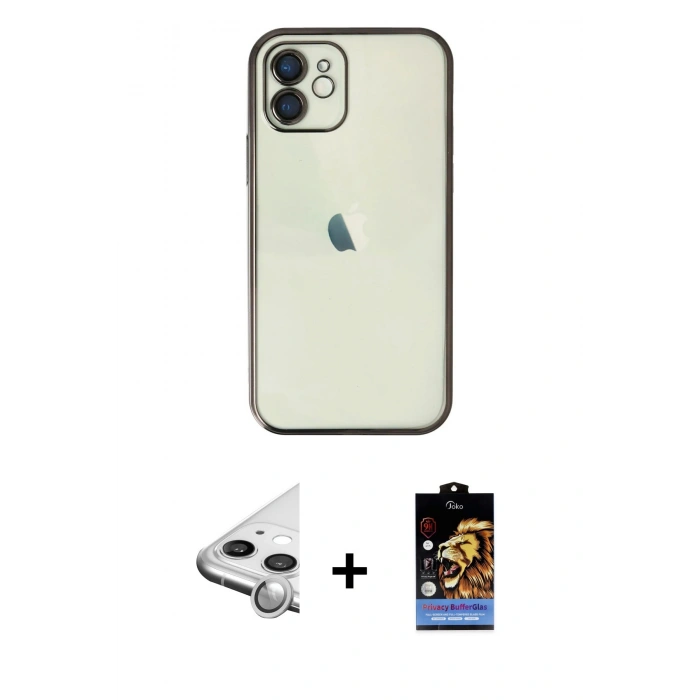 MARSİLYAN™- iPhone 11 Kılıf Vadi Minimal - Siyah Buffer Hayalet Cam Ekran Koruyucu + Raze Metal Kamera Lens - GS