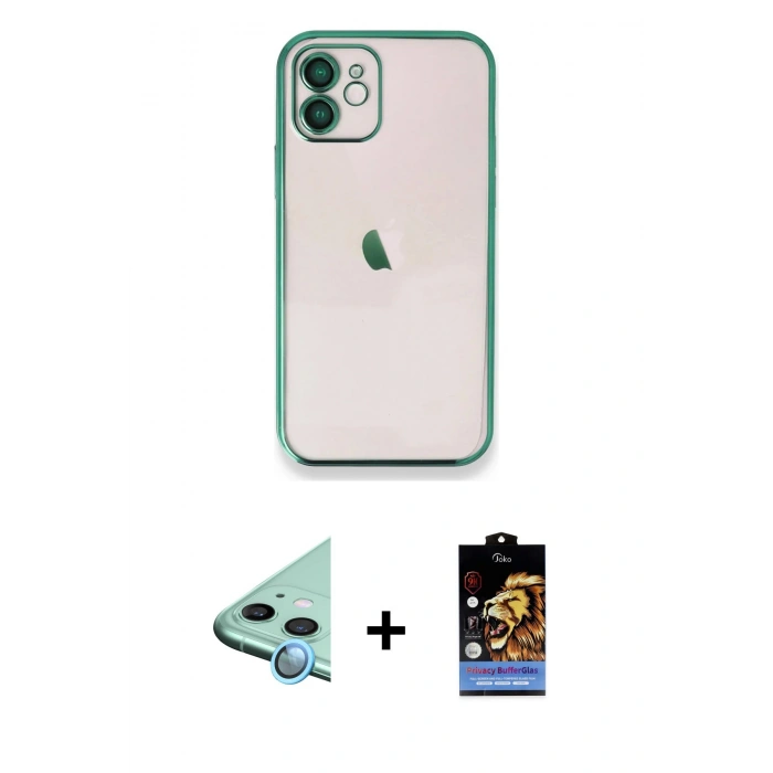 MARSİLYAN™- iPhone 11 Kılıf Vadi Minimal - Siyah Buffer Hayalet Cam Ekran Koruyucu + Raze Metal Kamera Lens - MI
