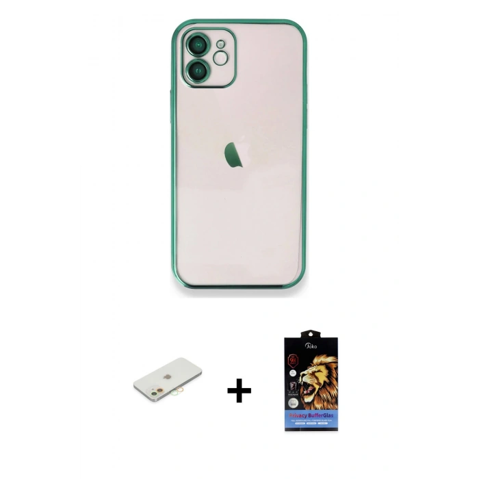 MARSİLYAN™- iPhone 11 Kılıf Vadi Minimal - Siyah Buffer Hayalet Cam Ekran Koruyucu + Renkli Kamera Lens Koruma Cam - TU