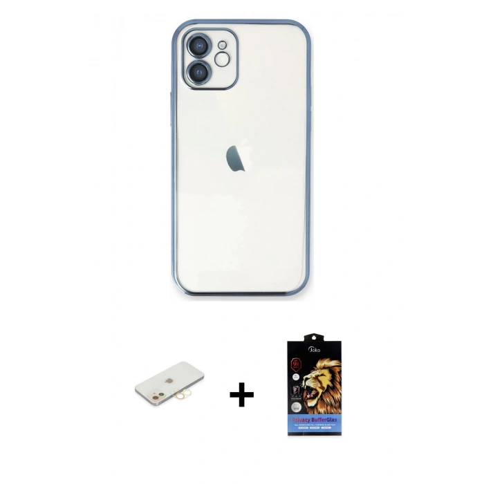 MARSİLYAN™- iPhone 11 Kılıf Vadi Minimal - Siyah Buffer Hayalet Cam Ekran Koruyucu + Renkli Kamera Lens Koruma Cam - SI