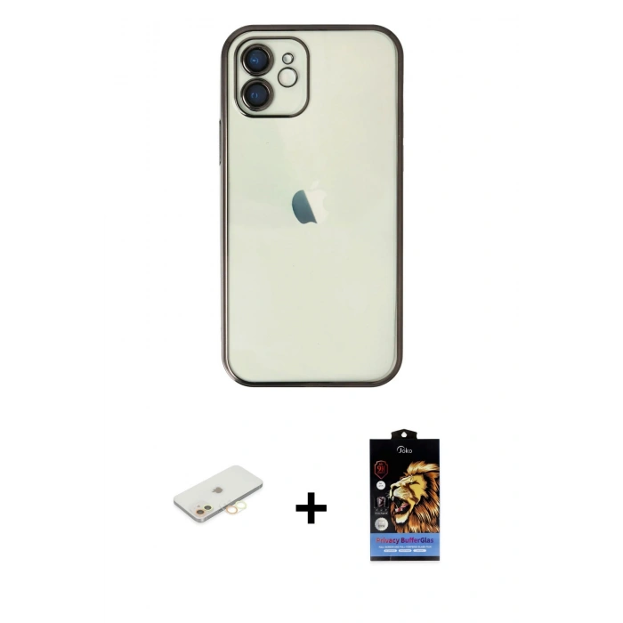 MARSİLYAN™- iPhone 11 Kılıf Vadi Minimal - Siyah Buffer Hayalet Cam Ekran Koruyucu + Renkli Kamera Lens Koruma Cam - SI