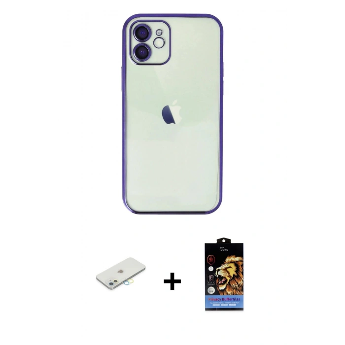 MARSİLYAN™- iPhone 11 Kılıf Vadi Minimal - Siyah Buffer Hayalet Cam Ekran Koruyucu + Renkli Kamera Lens Koruma Cam - SI