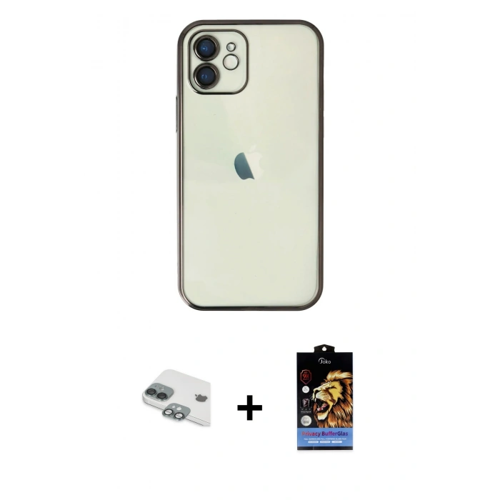 MARSİLYAN™- iPhone 11 Kılıf Vadi Minimal - Siyah Buffer Hayalet Cam Ekran Koruyucu + Pers Alüminyum Kamera Lens - YL