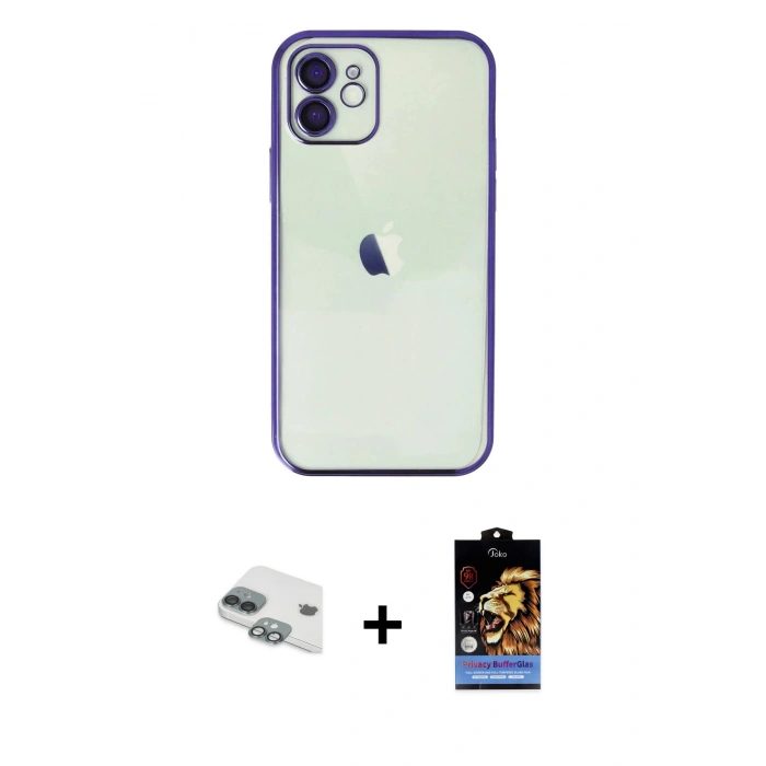 MARSİLYAN™- iPhone 11 Kılıf Vadi Minimal - Siyah Buffer Hayalet Cam Ekran Koruyucu + Pers Alüminyum Kamera Lens - YL