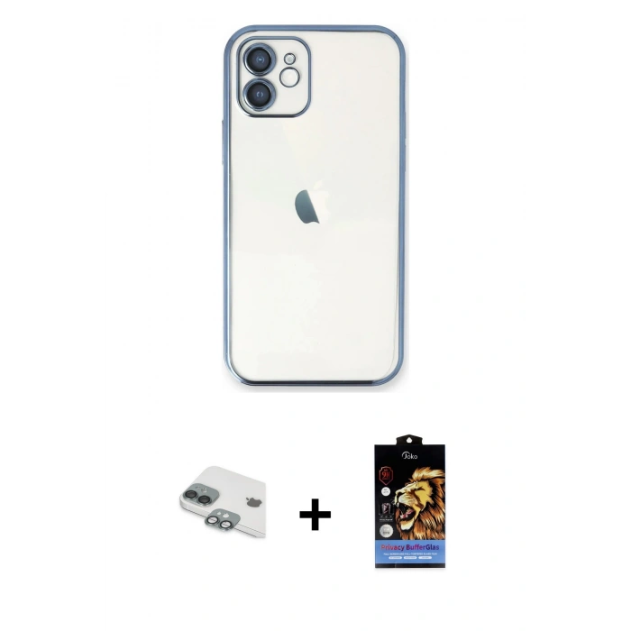 MARSİLYAN™- iPhone 11 Kılıf Vadi Minimal - Siyah Buffer Hayalet Cam Ekran Koruyucu + Pers Alüminyum Kamera Lens - YL