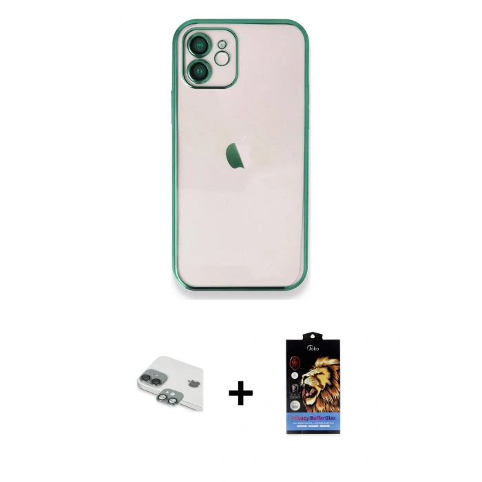 MARSİLYAN™- iPhone 11 Kılıf Vadi Minimal - Siyah Buffer Hayalet Cam Ekran Koruyucu + Pers Alüminyum Kamera Lens - YL