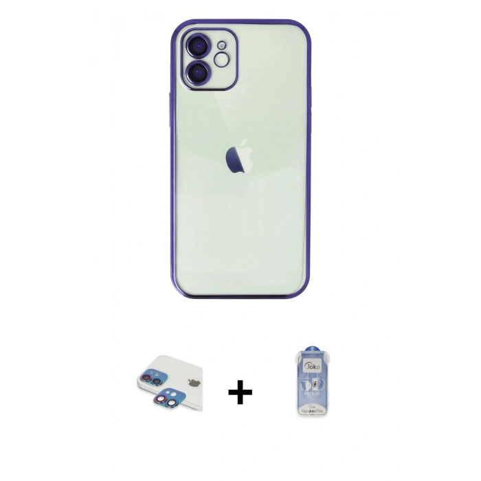 MARSİLYAN™- iPhone 11 Kılıf Vadi Minimal - Siyah Joko Magic 5D Cam + Gökkuşağı Pers Alüminyum Kamera Lens