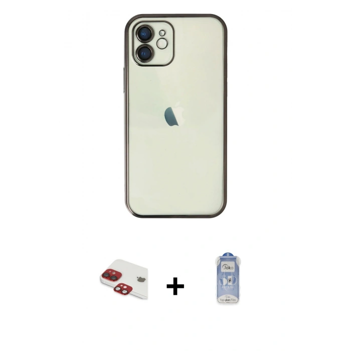 MARSİLYAN™- iPhone 11 Kılıf Vadi Minimal - Siyah Joko Magic 5D Cam + Kırmızı Pers Alüminyum Kamera Lens