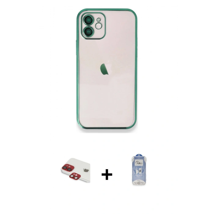MARSİLYAN™- iPhone 11 Kılıf Vadi Minimal - Siyah Joko Magic 5D Cam + Kırmızı Pers Alüminyum Kamera Lens